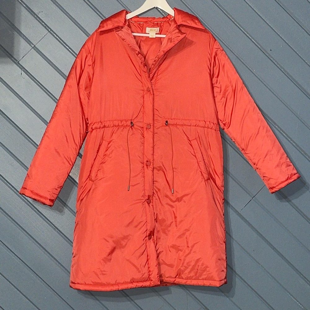 Maeve by Anthropologie cinched waist peach pink light weight long puffer coat - Picture 3 of 9